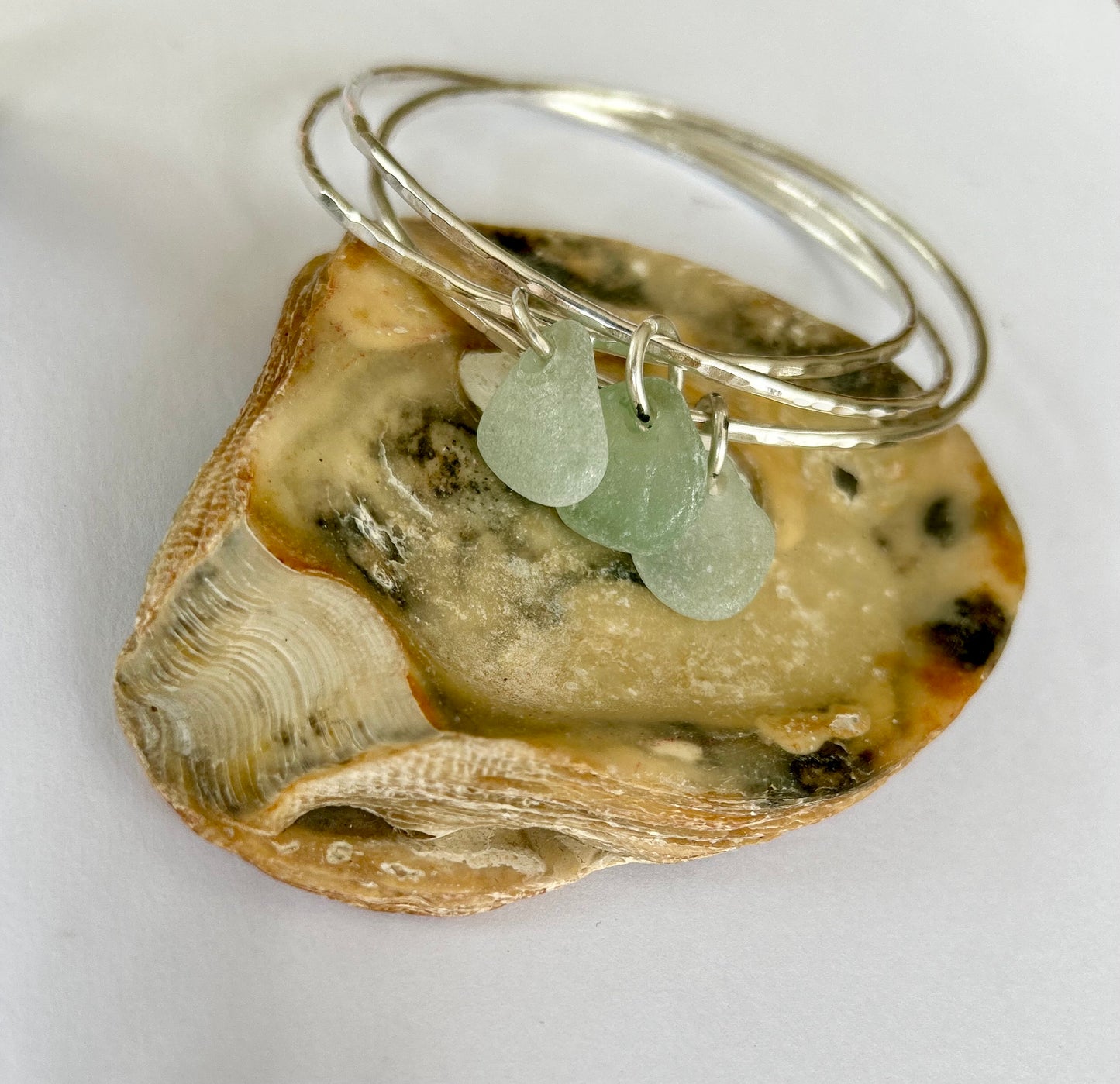 Silver Trio Interlinked Bangle With Sea Glass Charms - Silver Lines Jewellery
