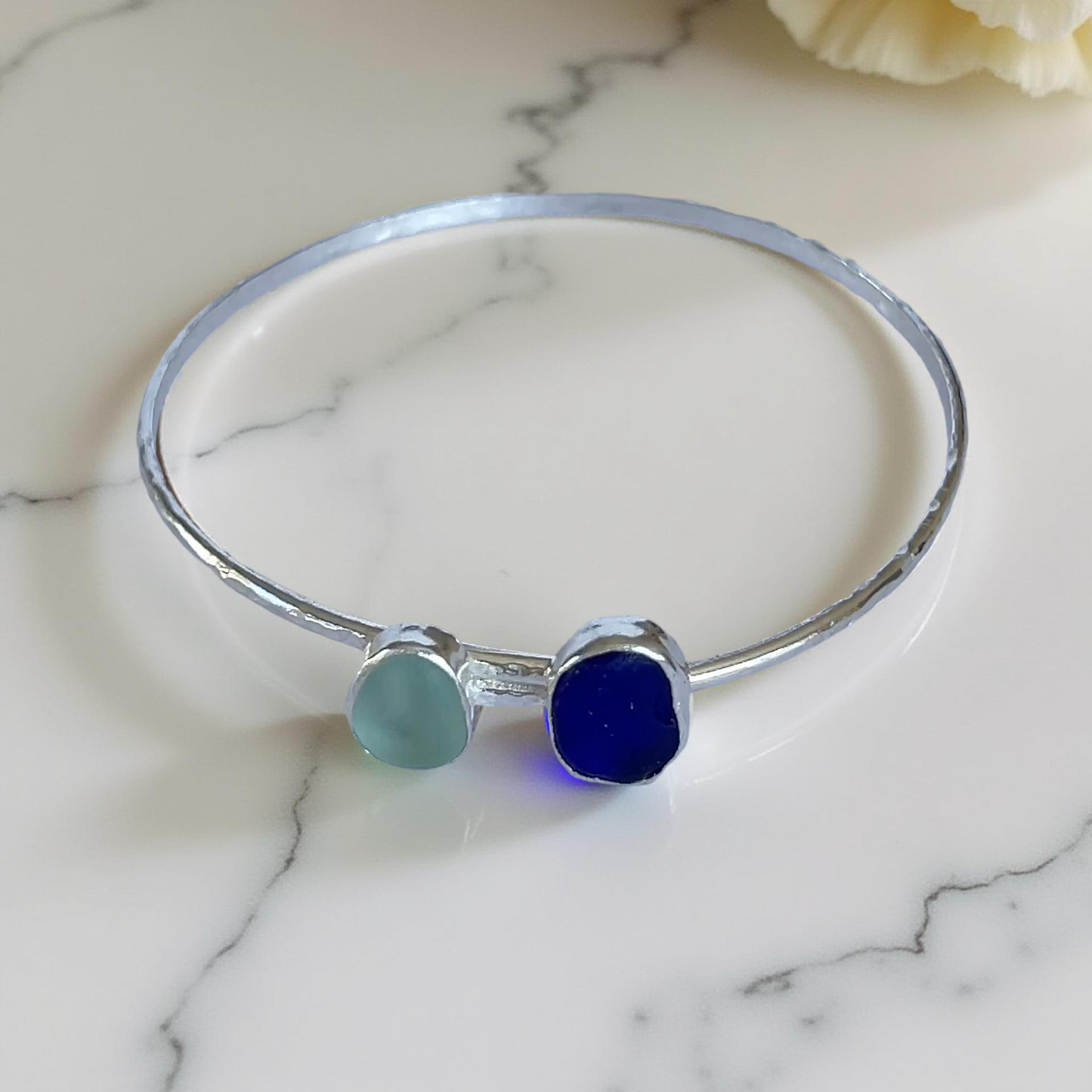 Sterling Silver Duo Sea Glass Bangle - SilverLines Jewellery