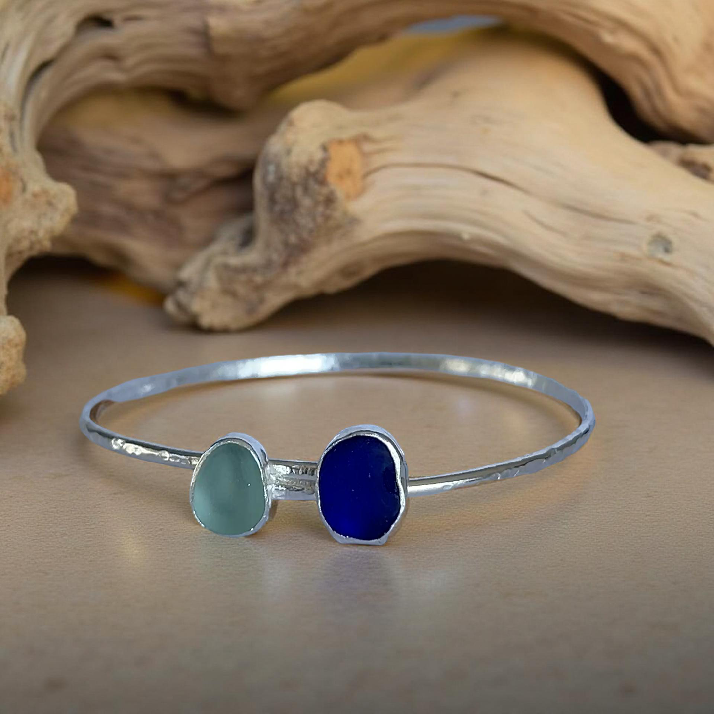 Sterling Silver Duo Sea Glass Bangle - SilverLines Jewellery