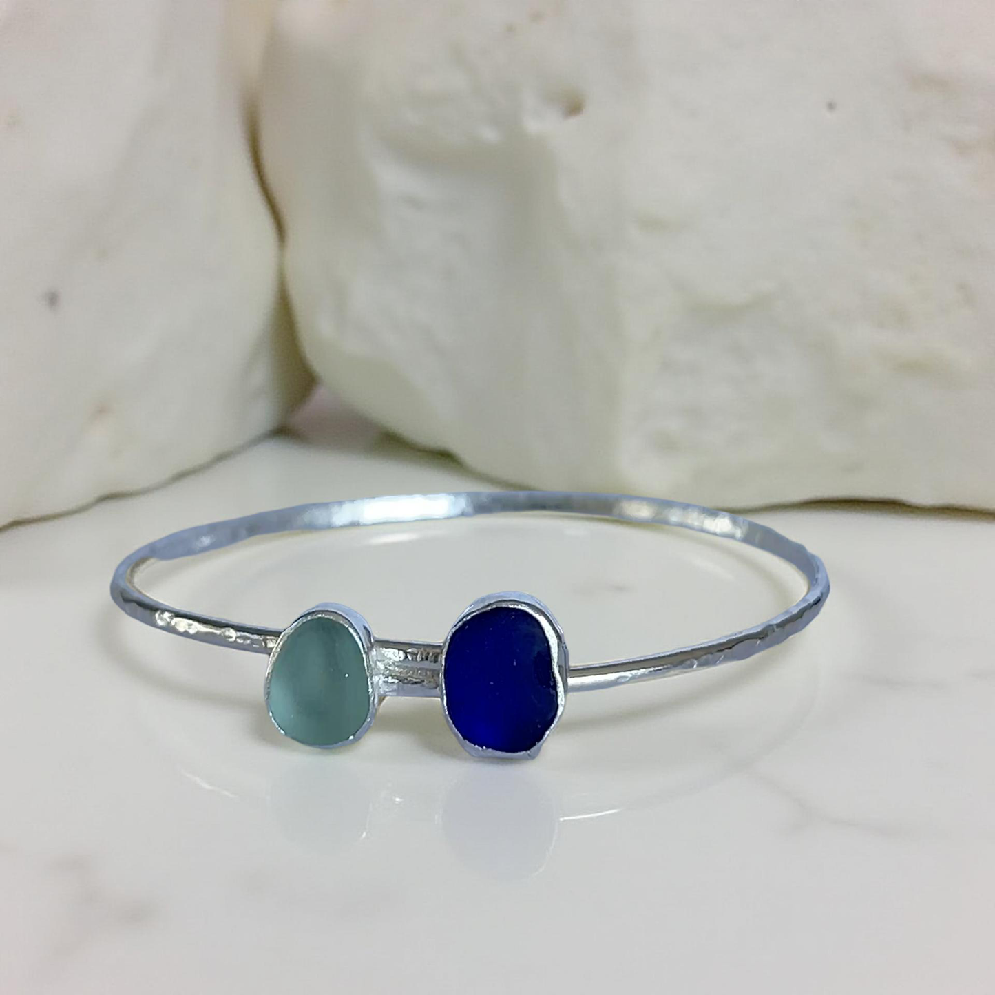 Sterling Silver Duo Sea Glass Bangle - SilverLines Jewellery