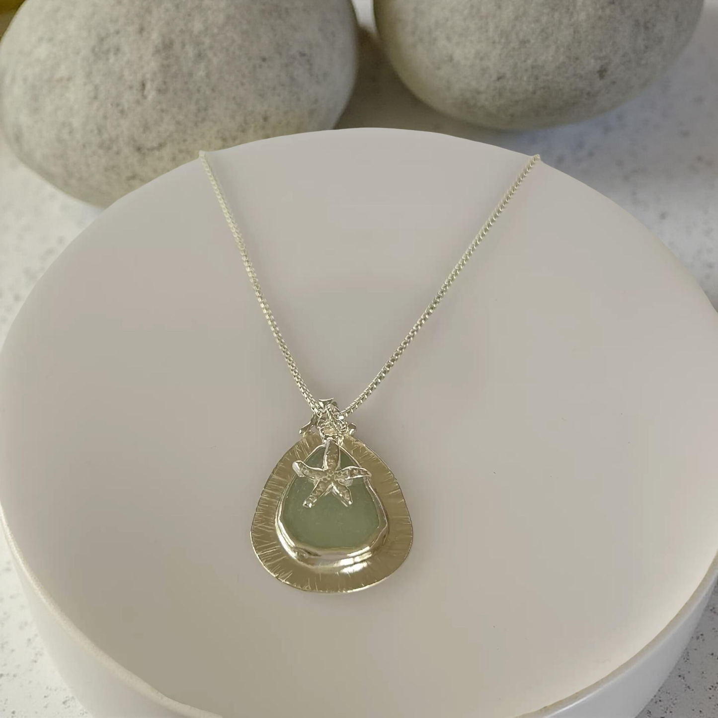 Ocean Sea Glass Silver Textured Necklace - silverLines Jewellery