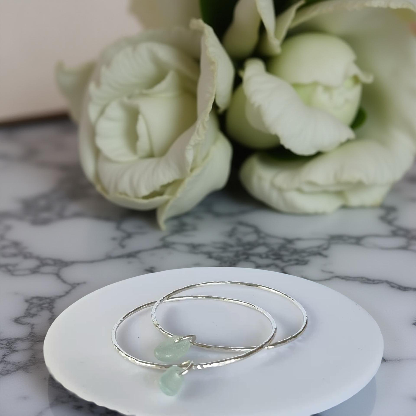 Silver Trio Interlinked Bangle With Sea Glass Charms