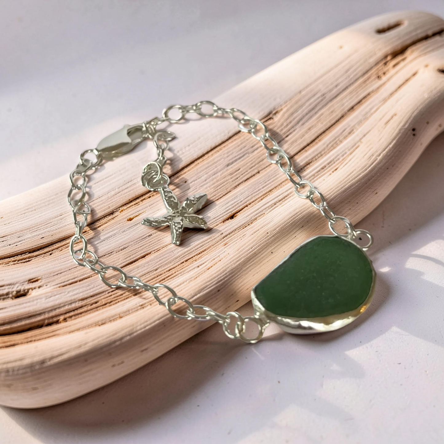 Bohemian Silver Sea Glass Bracelet with sea Charm - Silver Lines Jewellery