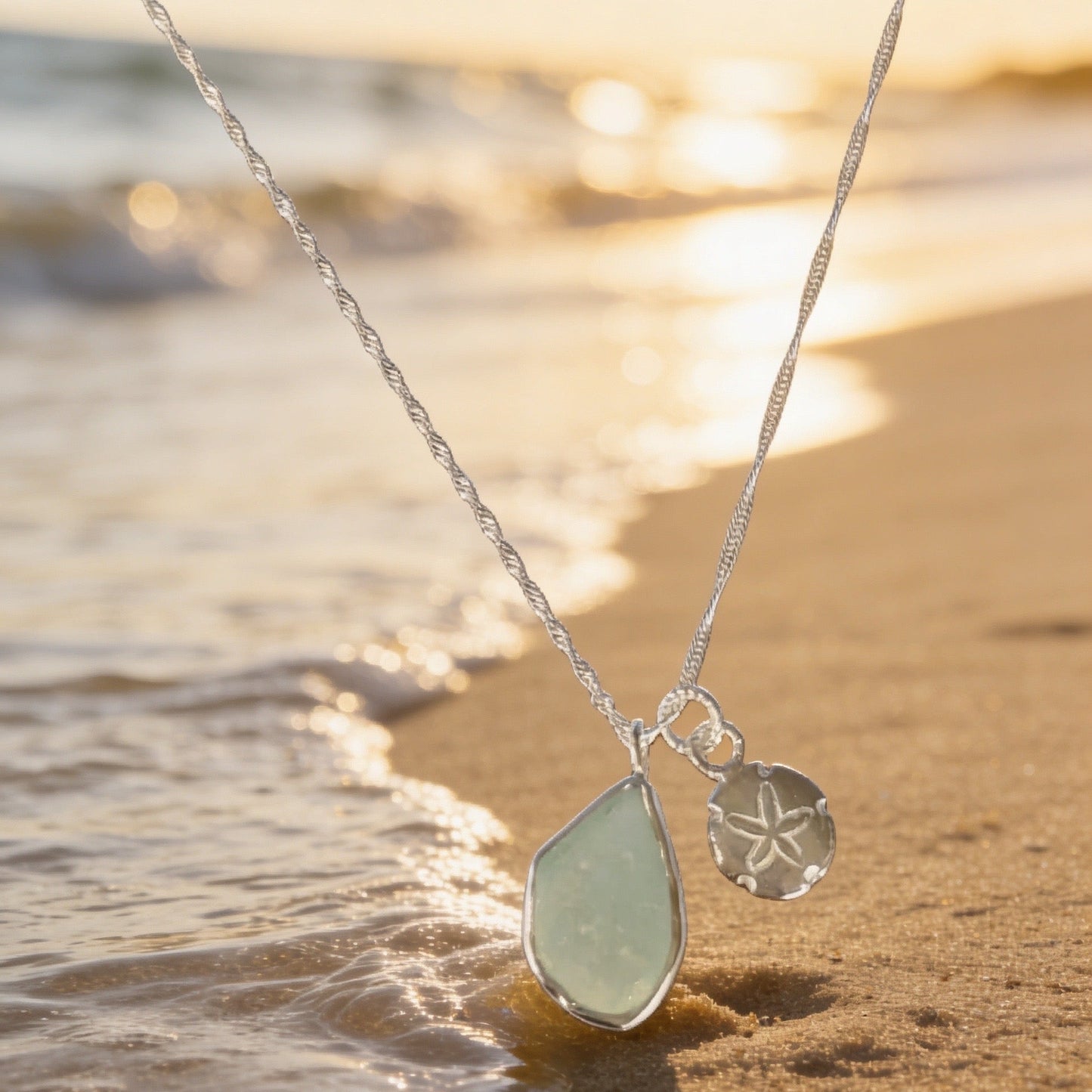 Ocean Drift Sea Glass & Sand Dollar Necklace - SilverLines Jewellery