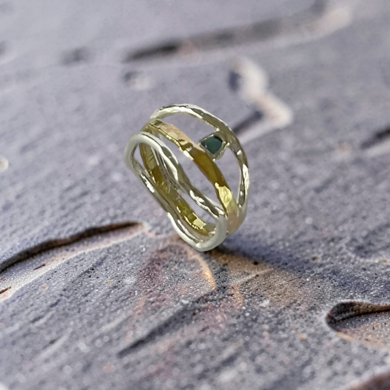 Silver & Gold Wave Ring With Topaz