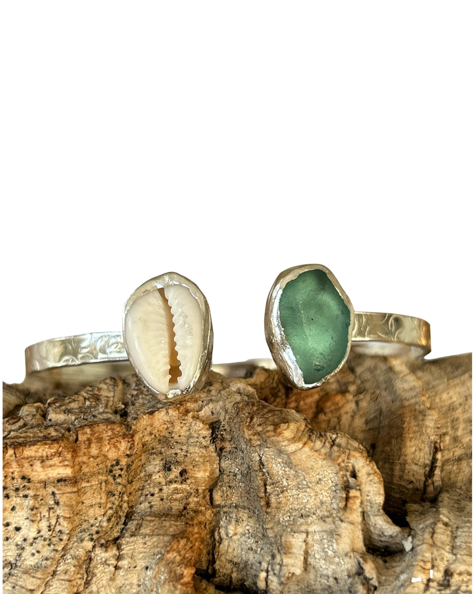 Sea Glass Seashell  Cuff Bangle - Silver Lines Jewellery