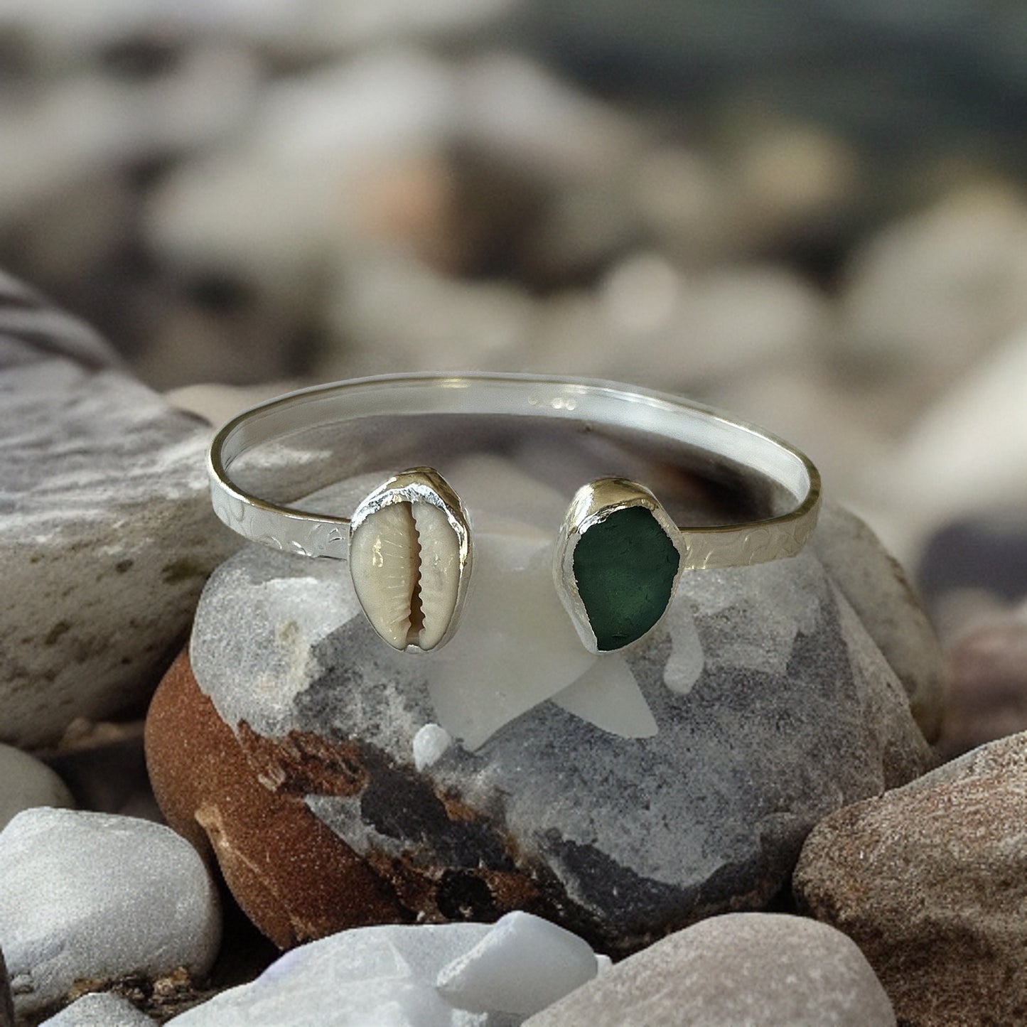 Sea Glass Seashell  Cuff Bangle - Silver Lines Jewellery