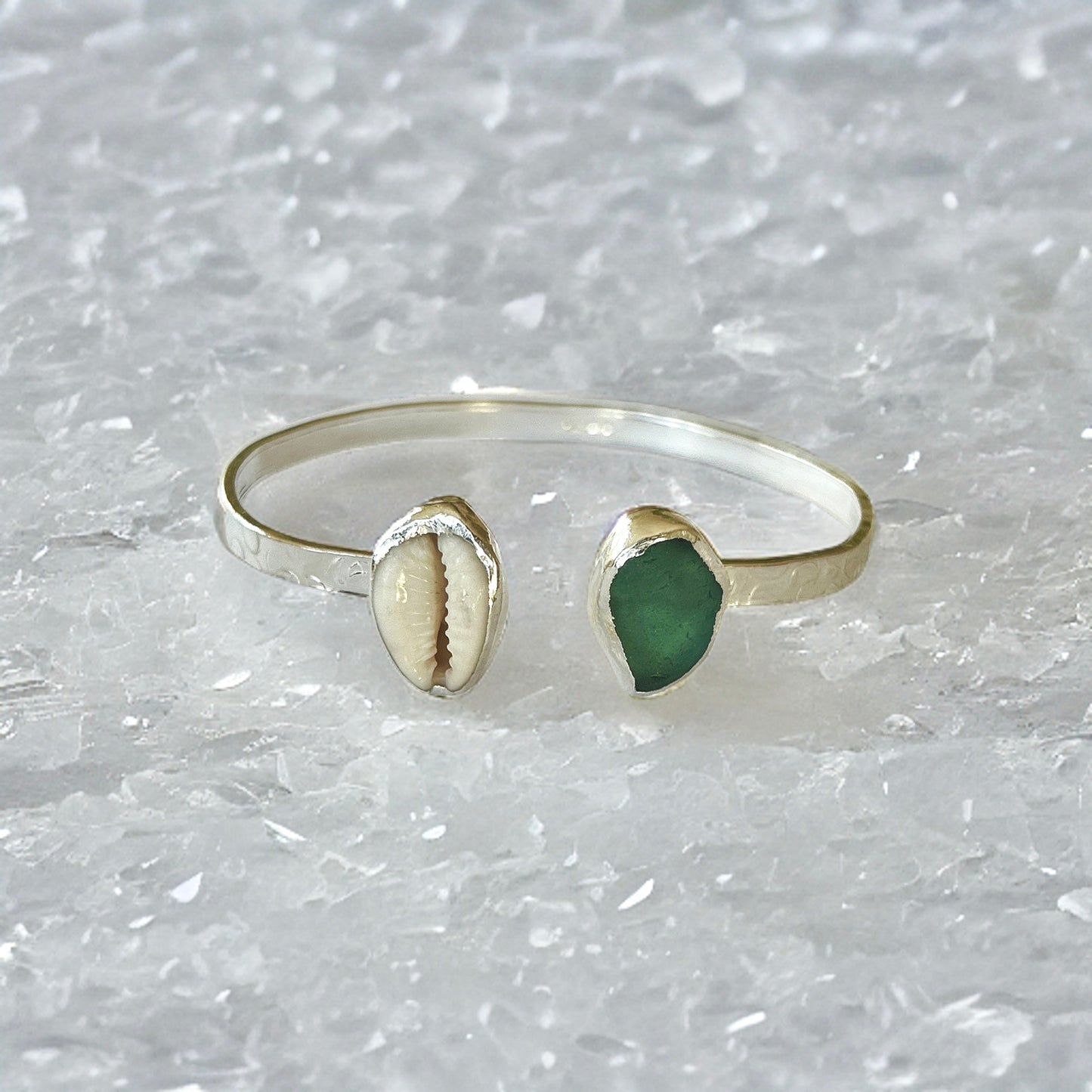 Sea Glass Seashell  Cuff Bangle - Silver Lines Jewellery