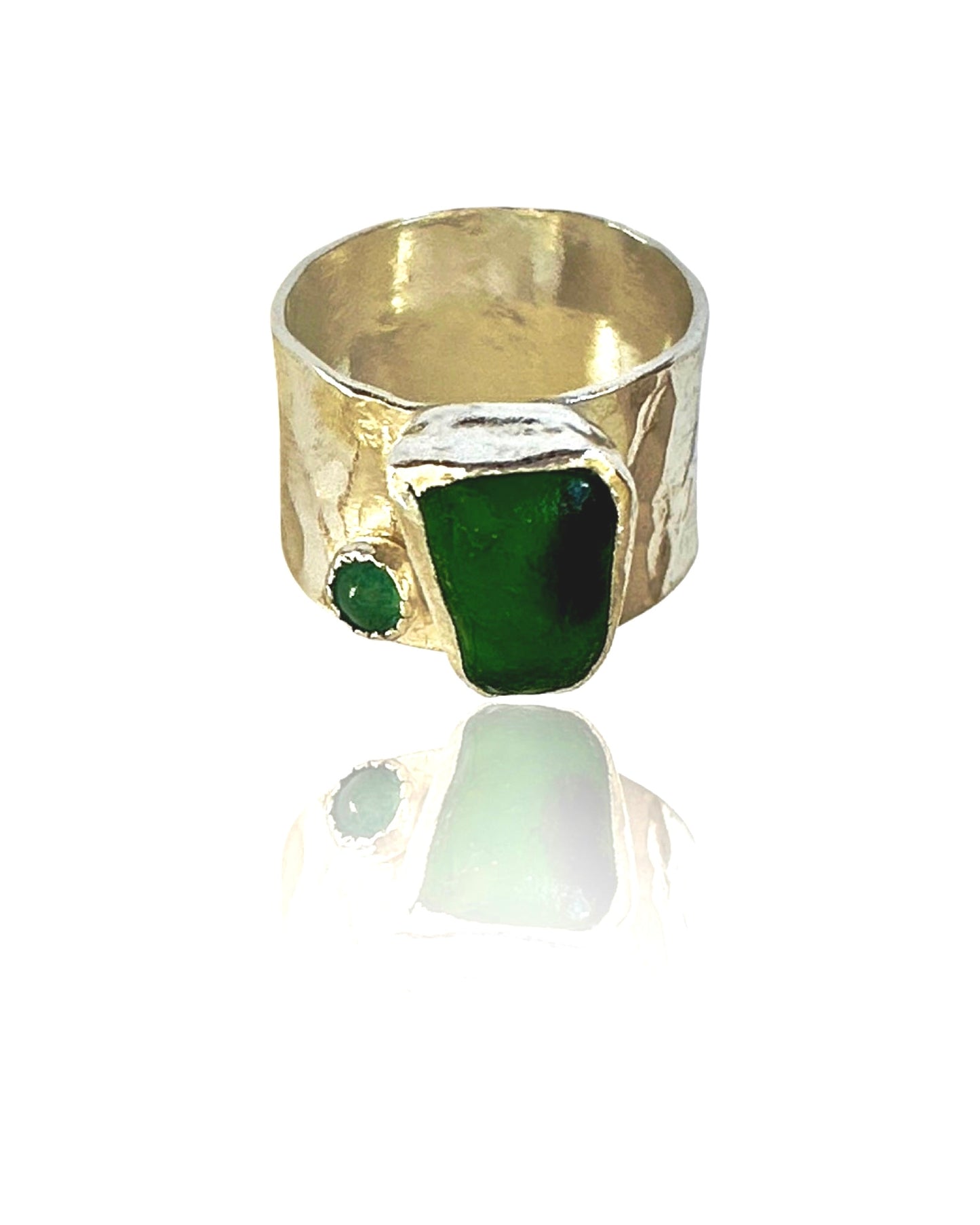 Emerald Green Ring with sea glass and emerald - Silver Lines Jewellery