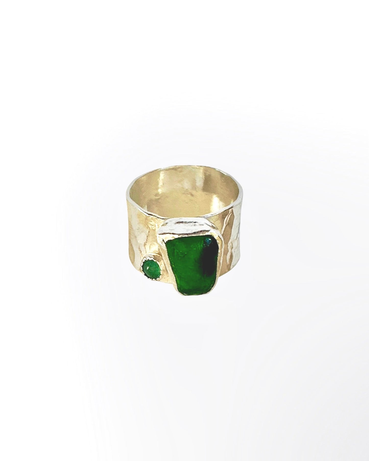 Emerald Green Ring with sea glass and emerald - Silver Lines Jewellery