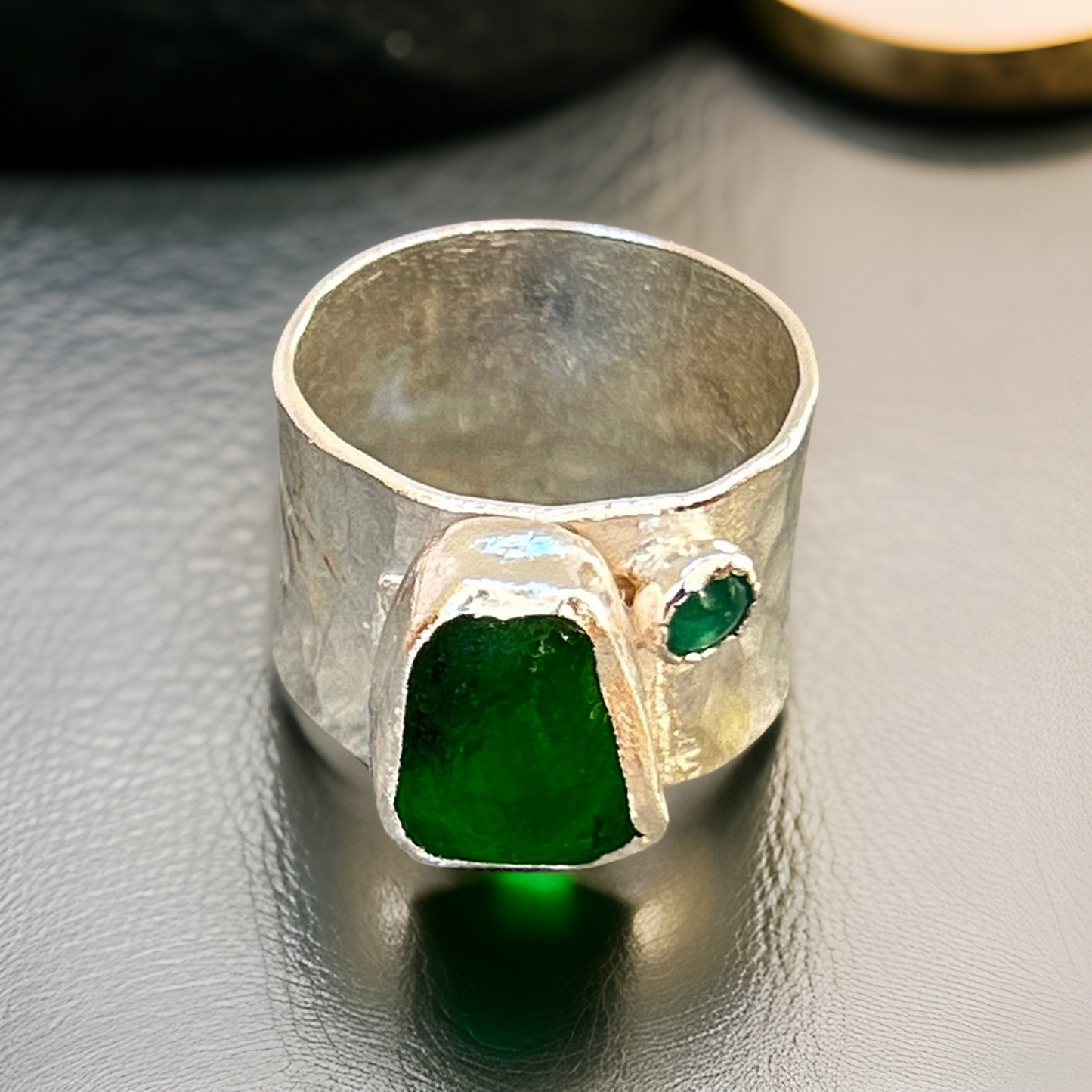Emerald Green Ring with sea glass and emerald - Silver Lines Jewellery