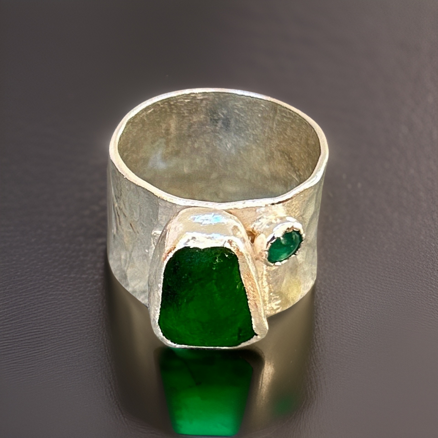 Emerald Green Ring with sea glass and emerald - Silver Lines Jewellery