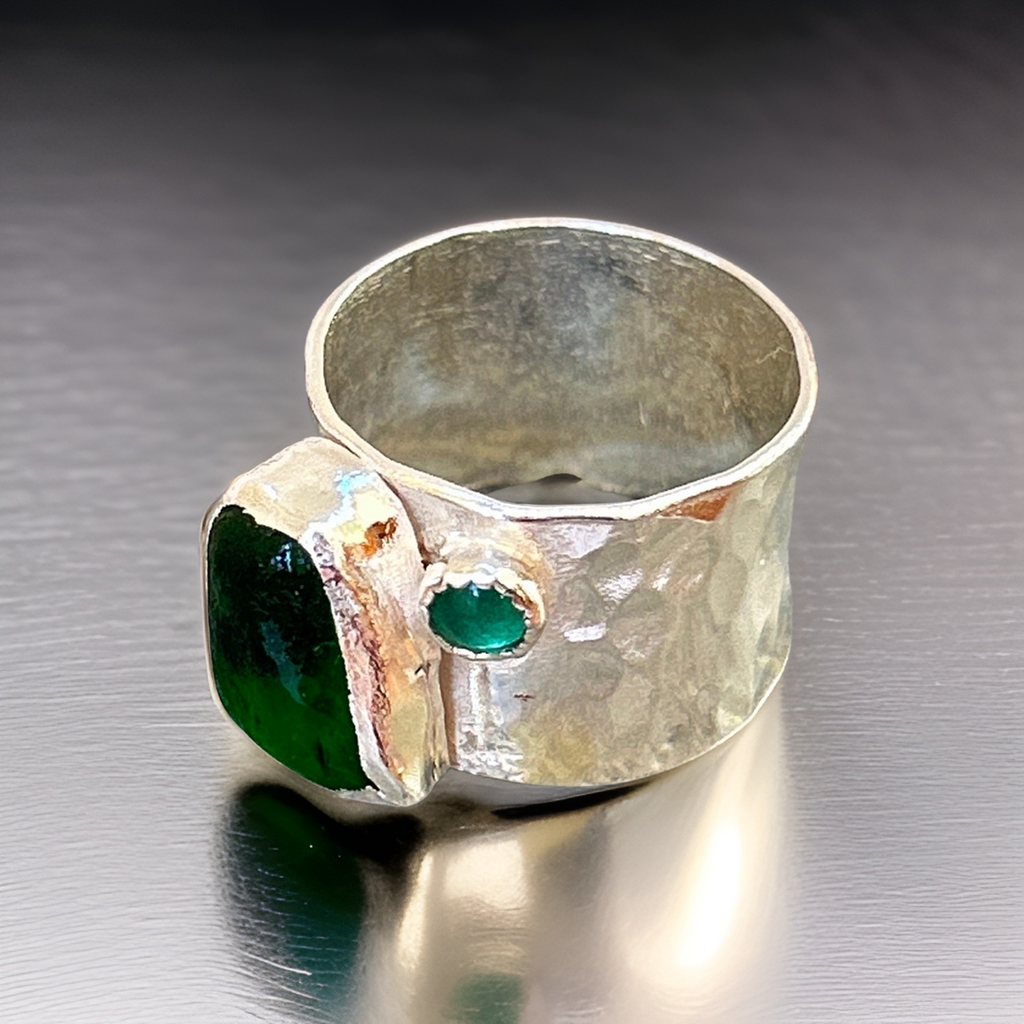 Emerald Green Ring with sea glass and emerald - Silver Lines Jewellery