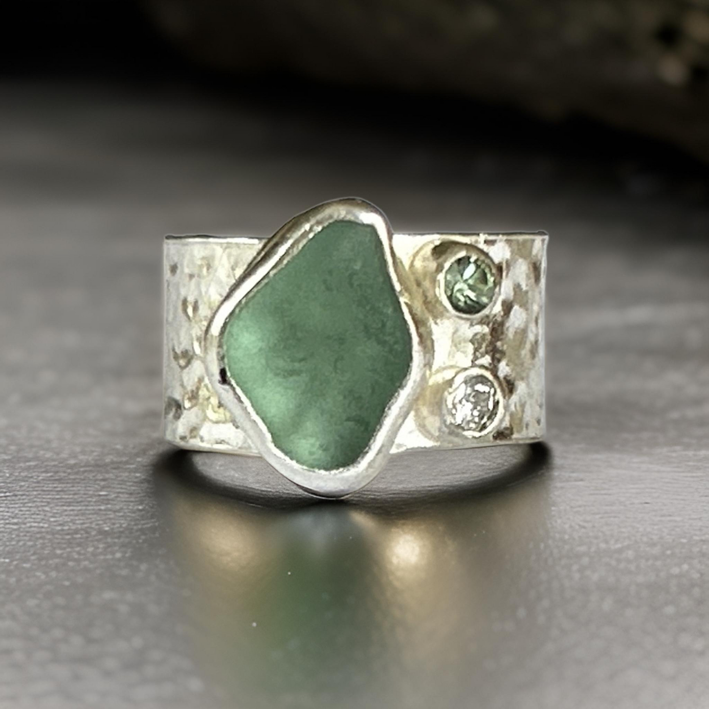Silver Ring With Sea Glass Diamond And Green Sapphire. - Silver Lines Jewellery