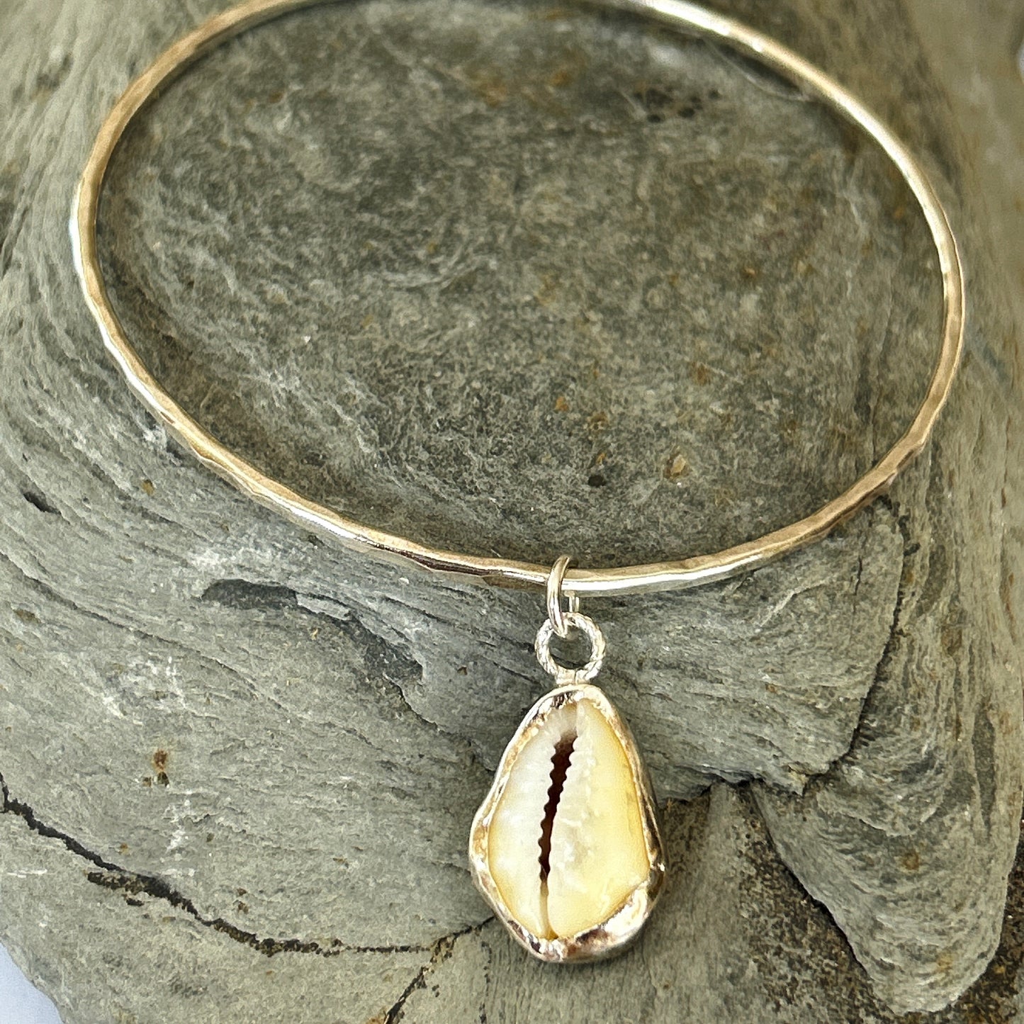 Silver Bangle With Cowrie Shell Charm - Silver Lines Jewellery
