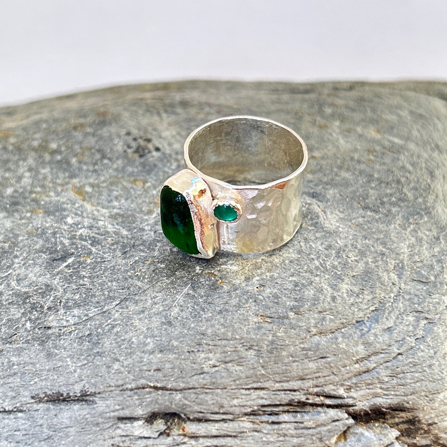 Emerald Green Ring with sea glass and emerald - Silver Lines Jewellery