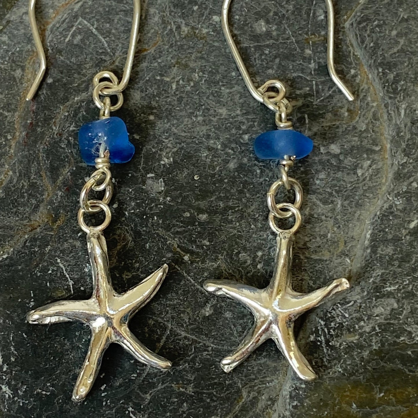 Silver Starfish Earrings with Sea Glass - Love Beach Beads