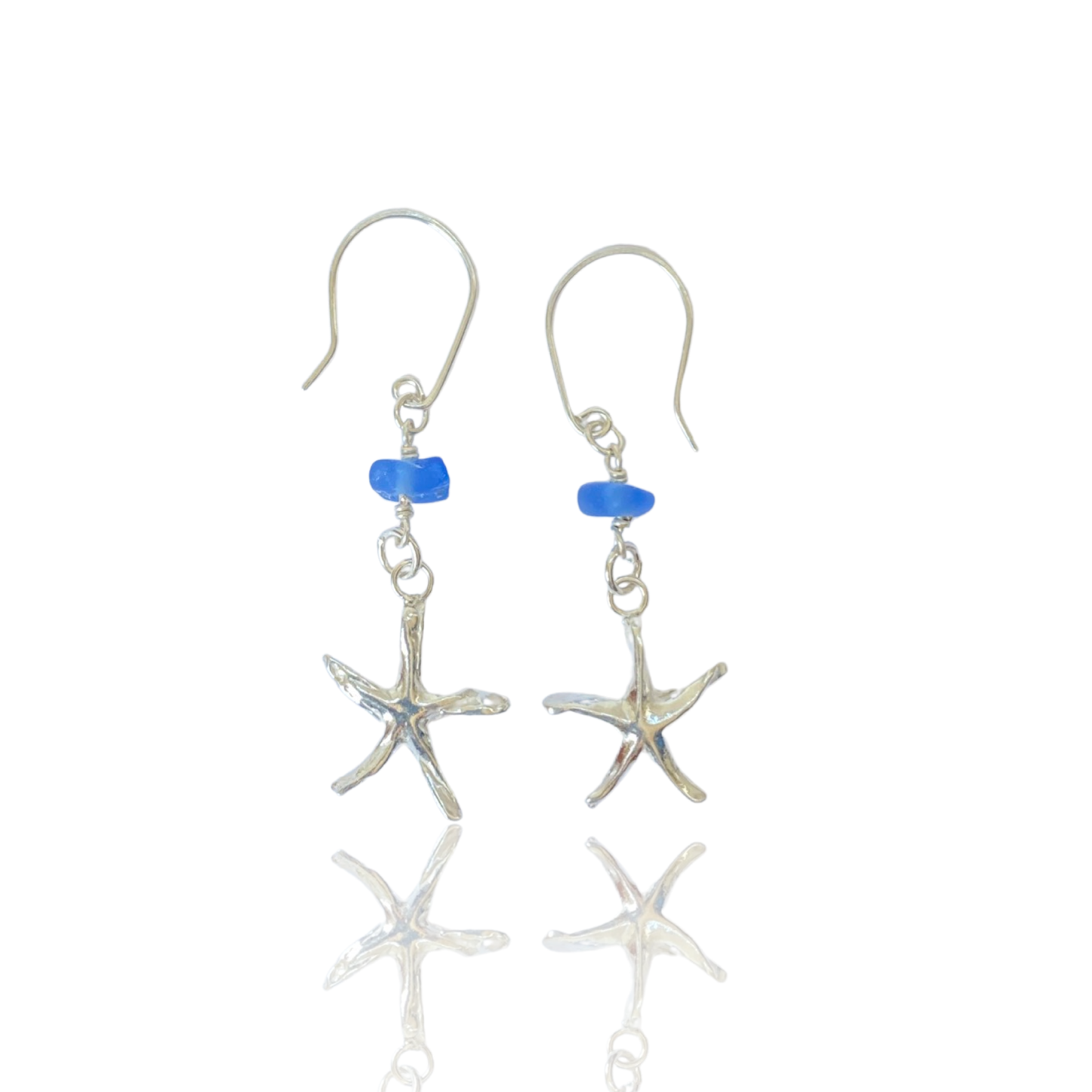 Silver Starfish Earrings with Sea Glass - Love Beach Beads