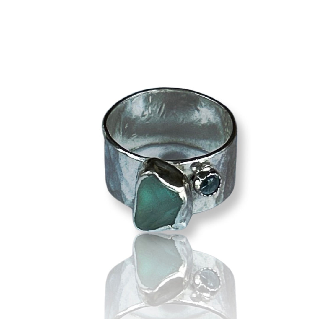 Sea Glass And Topaz Ring - Silver Lines Jewellery