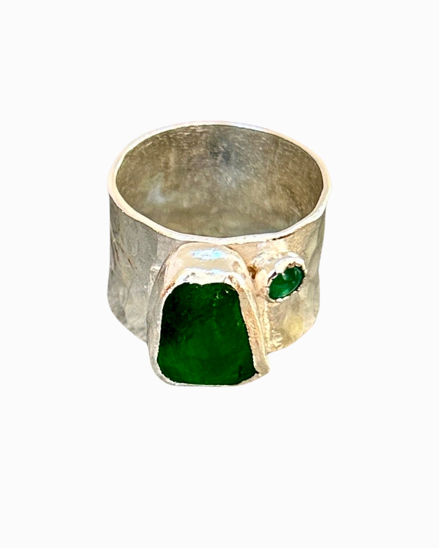 Emerald Green Ring with sea glass and emerald - Silver Lines Jewellery