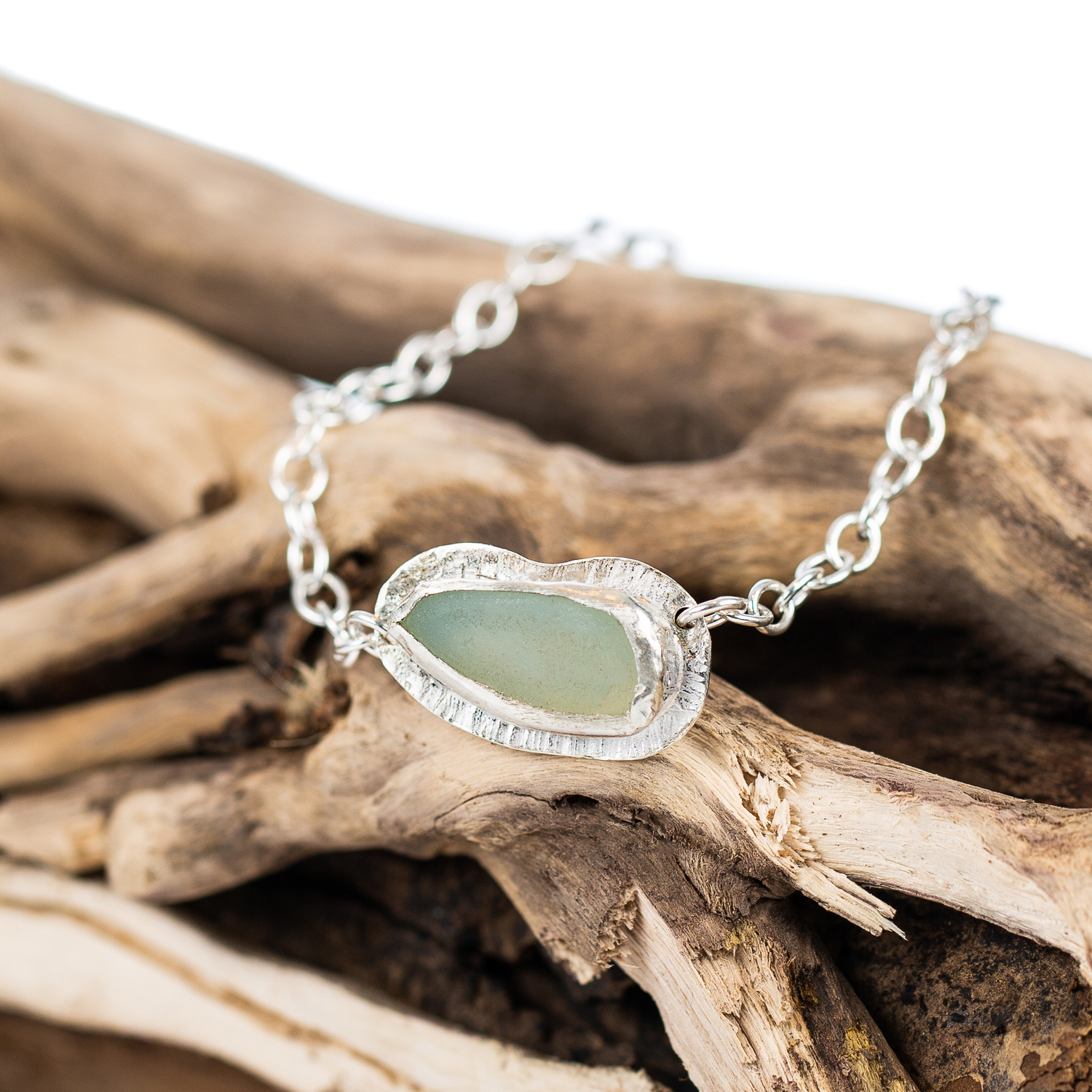 Sea Glass encased in sterling silver handmade bracelet 