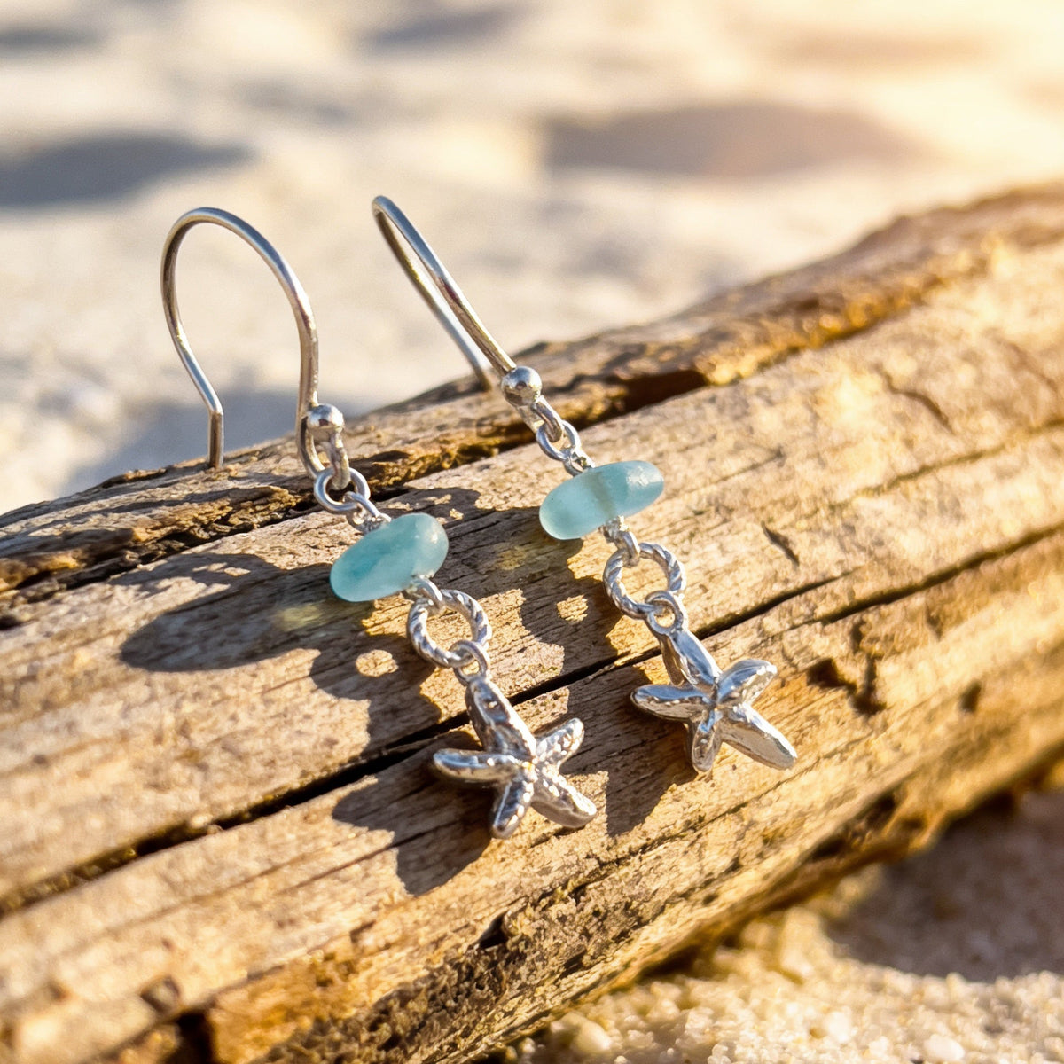 Silver Starfish Earrings with Sea Glass