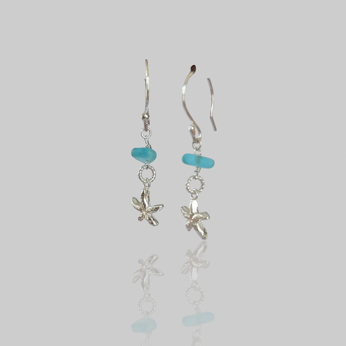 Silver Starfish Earrings with Sea Glass