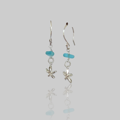 Silver Starfish Earrings with Sea Glass