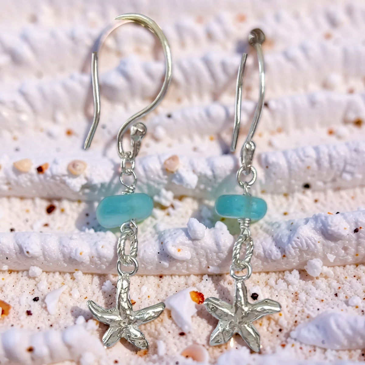 Silver Starfish Earrings with Sea Glass
