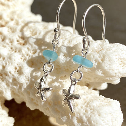 Silver Starfish Earrings with Sea Glass