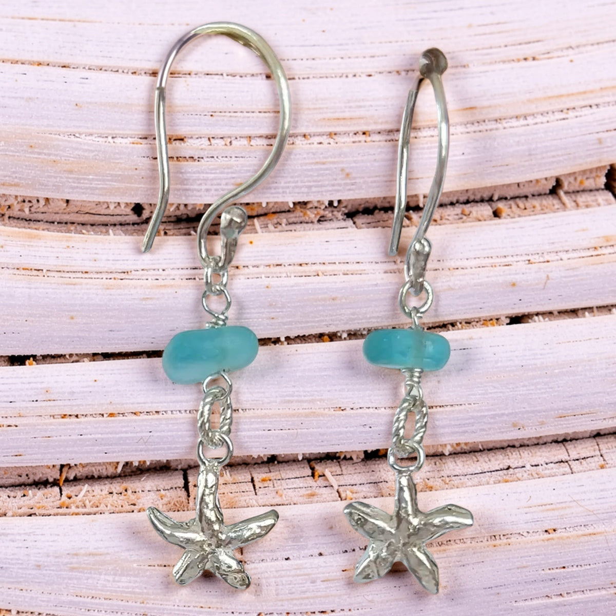 Silver Starfish Earrings with Sea Glass