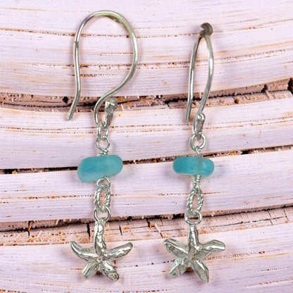 Silver Starfish Earrings with Sea Glass