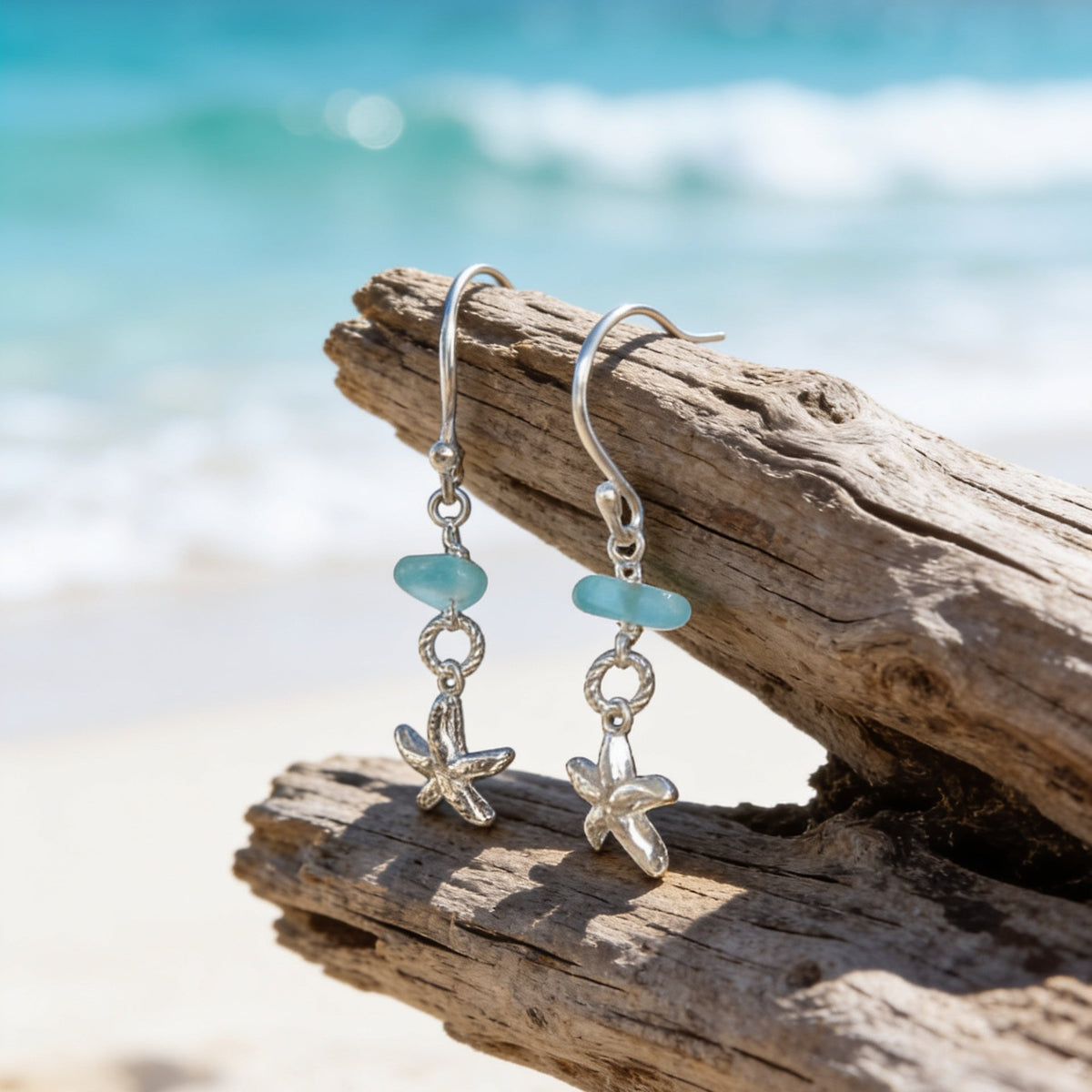 Silver Starfish Earrings with Sea Glass
