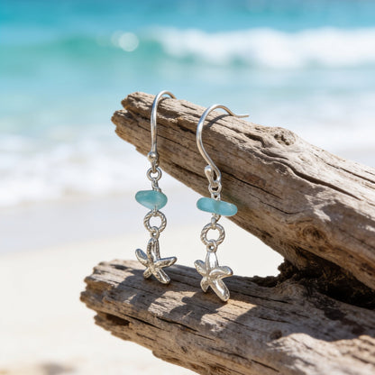 Silver Starfish Earrings with Sea Glass