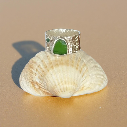 Emerald Ring With Sea Glass - SilverLines Jewellery