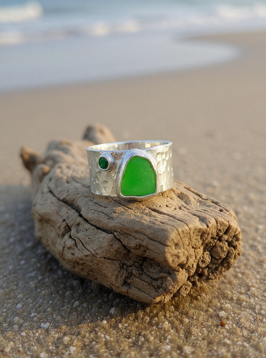 Emerald Ring With Sea Glass - SilverLines Jewellery