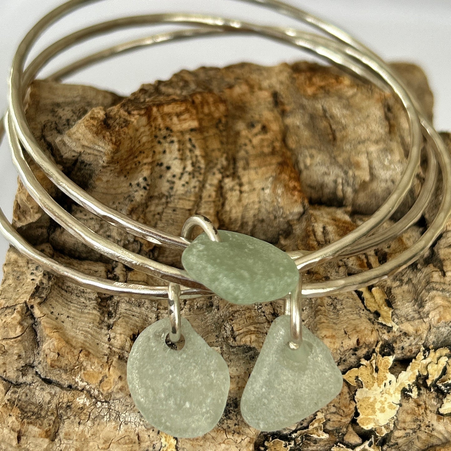 Silver Trio Interlinked Bangle With Sea Glass Charms - Silver Lines Jewellery
