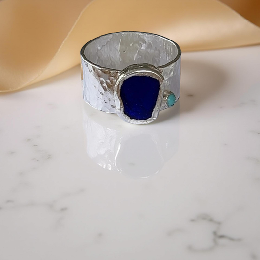 Rippling Sea Glass with Turquoise Ring - SilverLies Jewellery