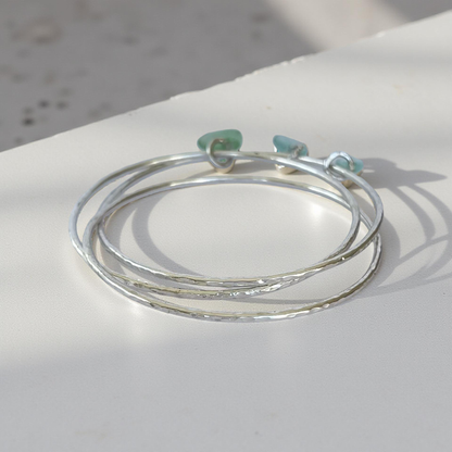 Silver Trio Interlinked Bangle With Sea Glass Charms - Silver Lines Jewellery
