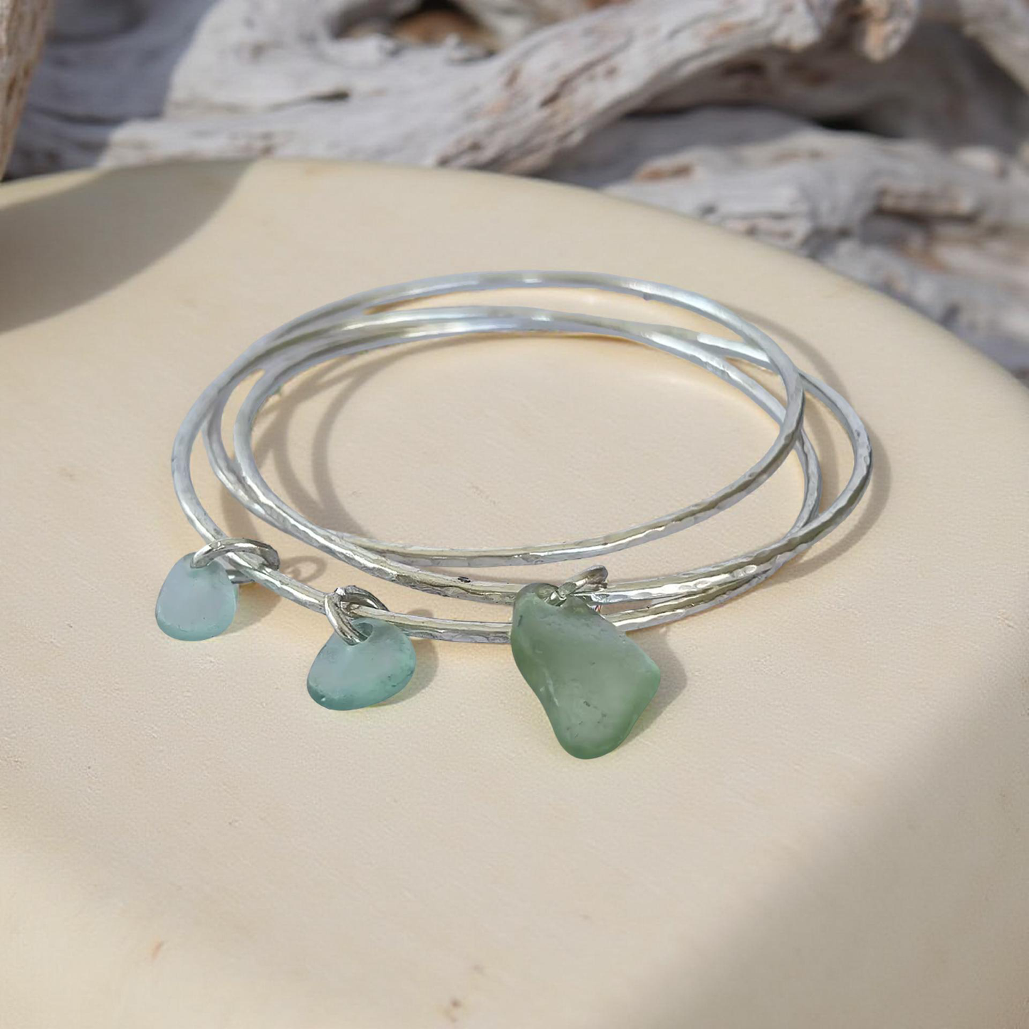 Silver Trio Interlinked Bangle With Sea Glass Charms - Silver Lines Jewellery