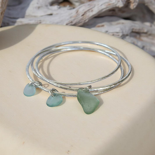 Silver Trio Interlinked Bangle With Sea Glass Charms - Silver Lines Jewellery