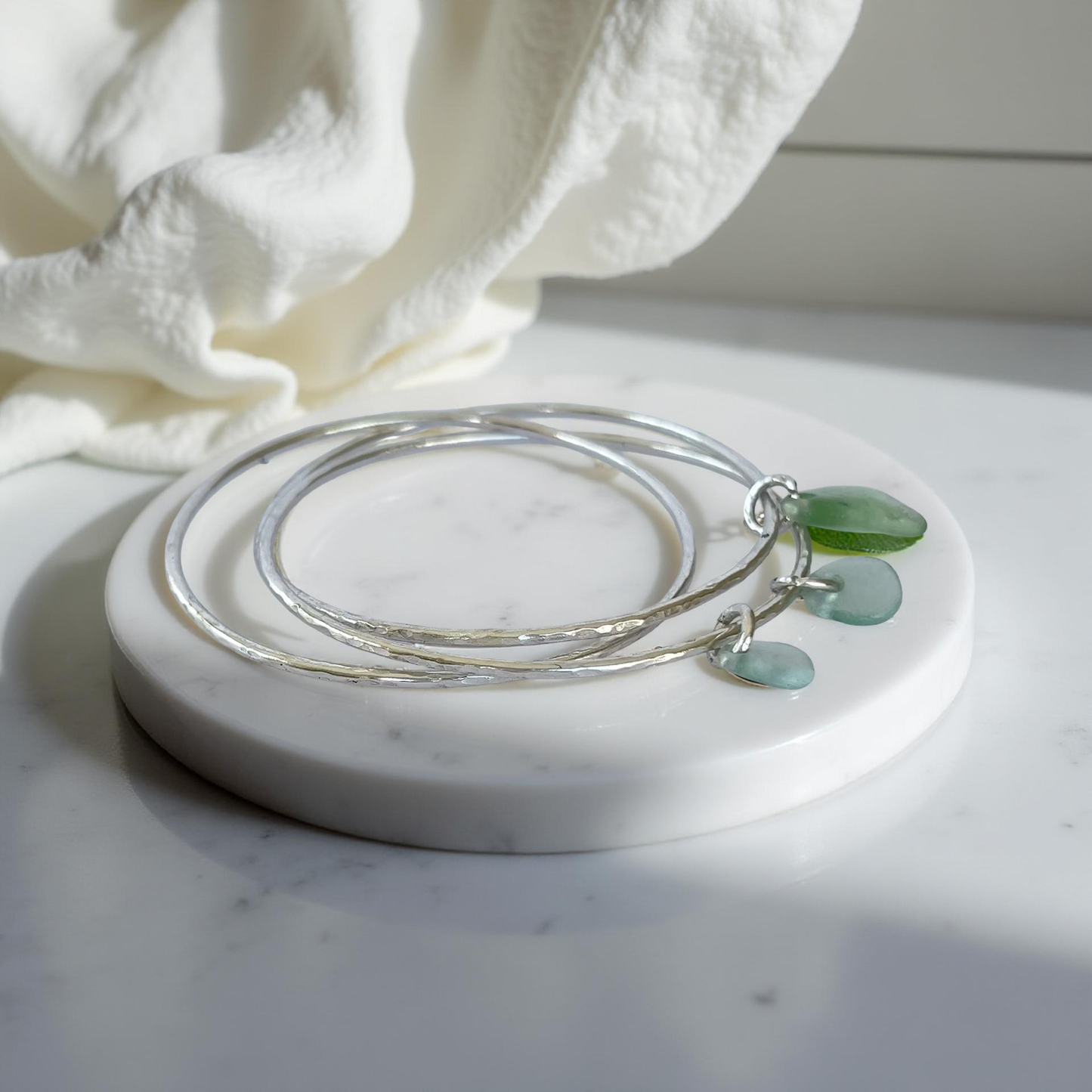 Silver Trio Interlinked Bangle With Sea Glass Charms - Silver Lines Jewellery