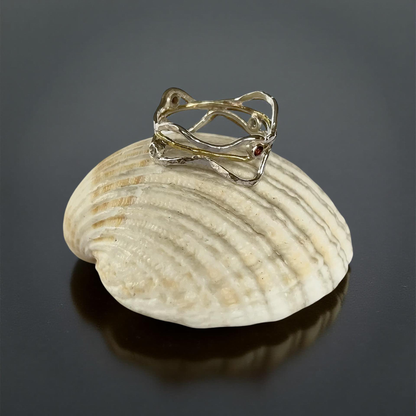 Silver & Gold Wave Ring with Diamonds and Garnets - Silver Lines Jewellery