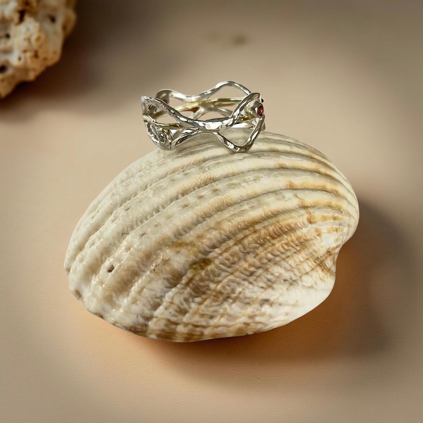 Silver & Gold Wave Ring with Diamonds and Garnets - Silver Lines Jewellery