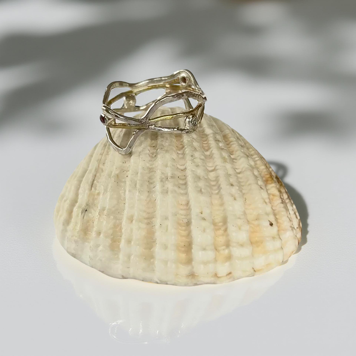 Silver & Gold Wave Ring with Diamonds and Garnets - Silver Lines Jewellery