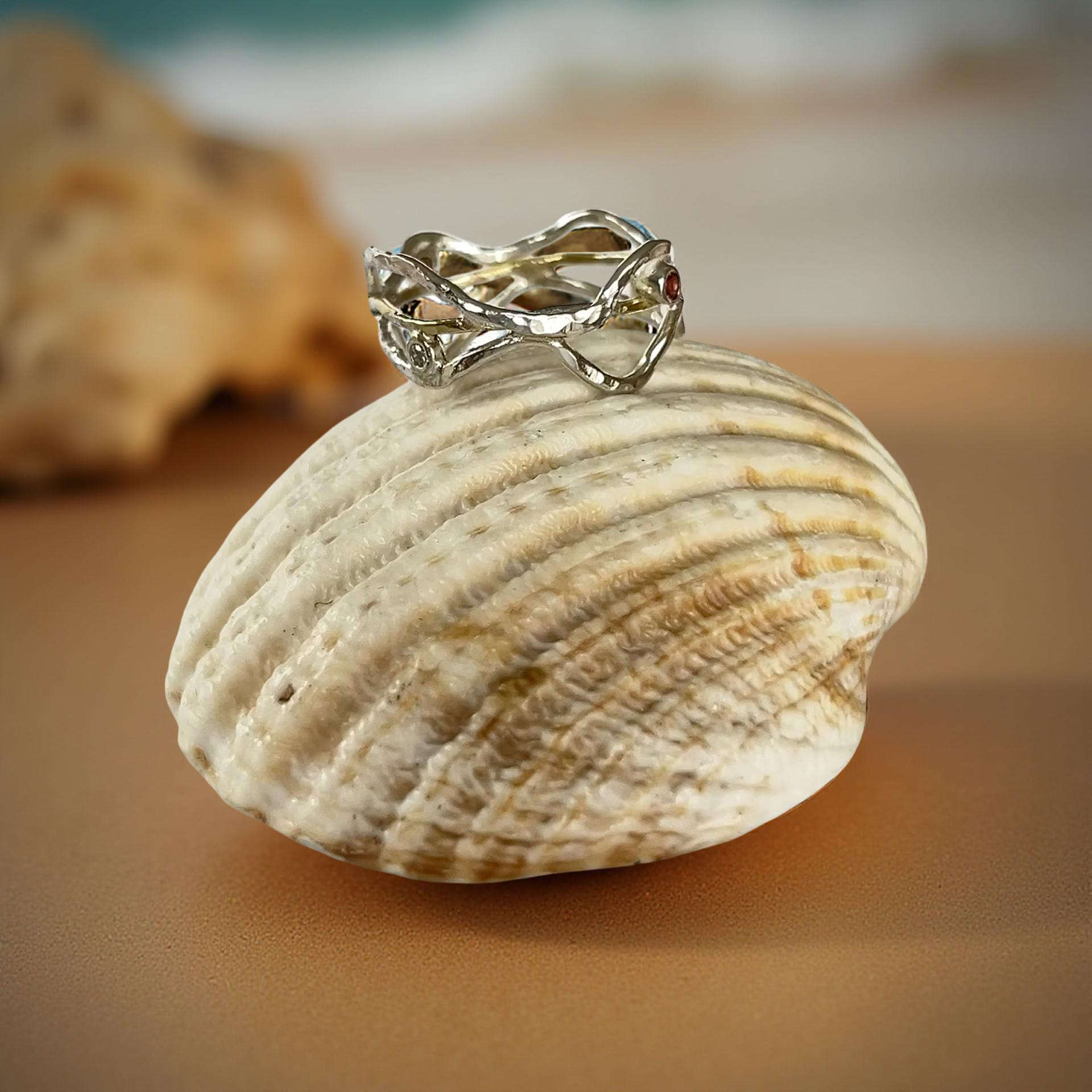 Silver & Gold Wave Ring with Diamonds and Garnets - Silver Lines Jewellery