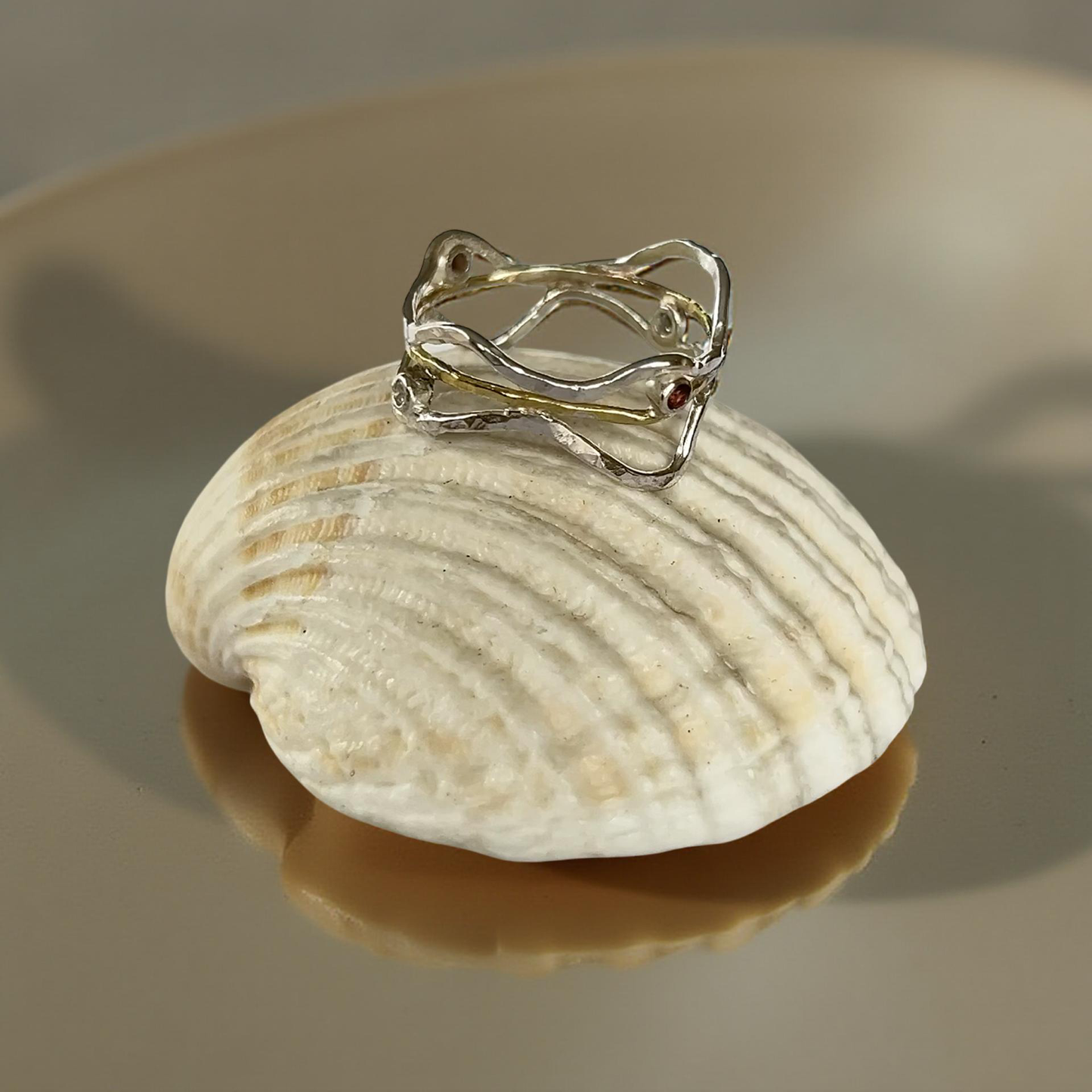 Silver & Gold Wave Ring with Diamonds and Garnets - Silver Lines Jewellery