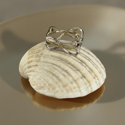 Silver & Gold Wave Ring with Diamonds and Garnets - Silver Lines Jewellery