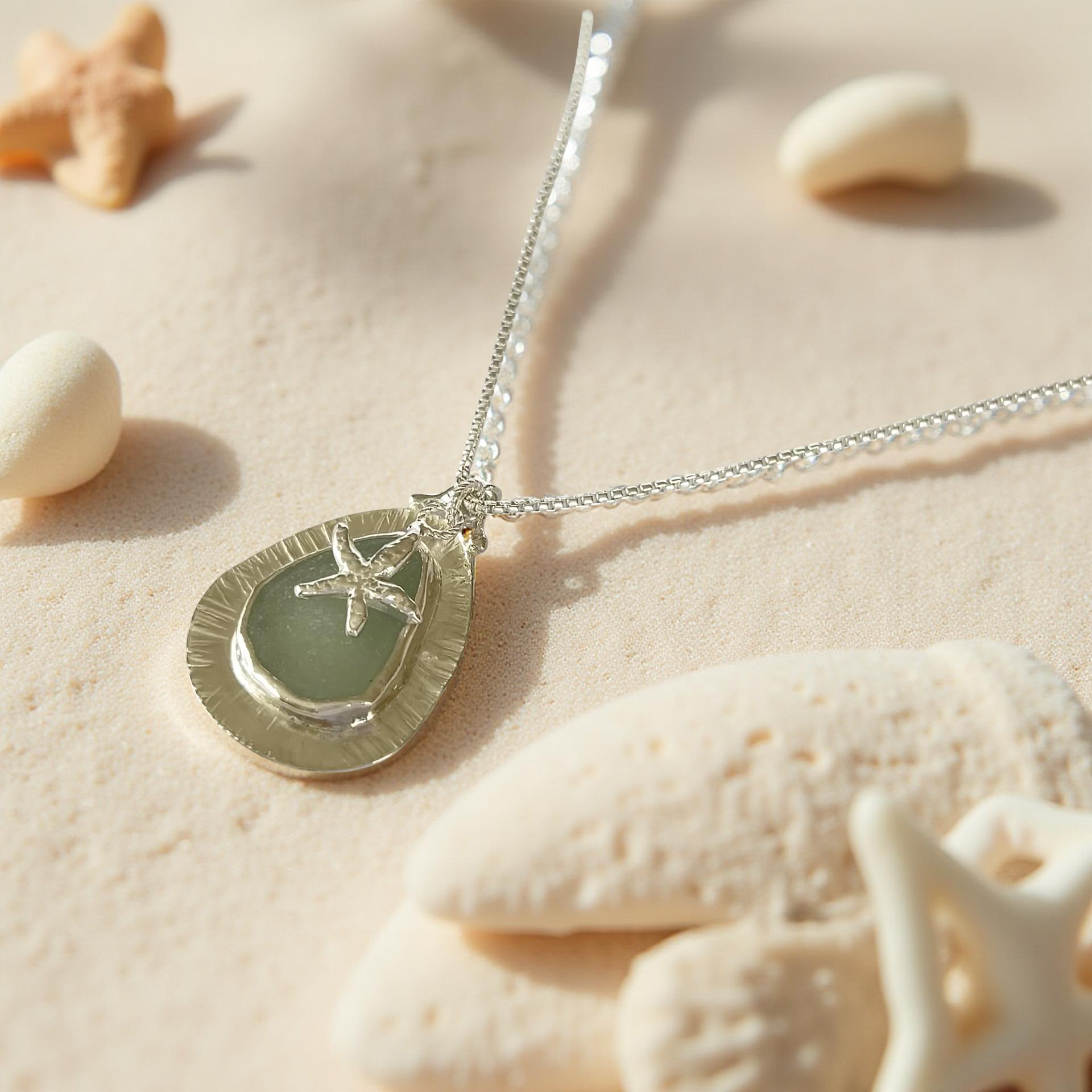 Ocean Sea Glass Silver Textured Necklace - silverLines Jewellery