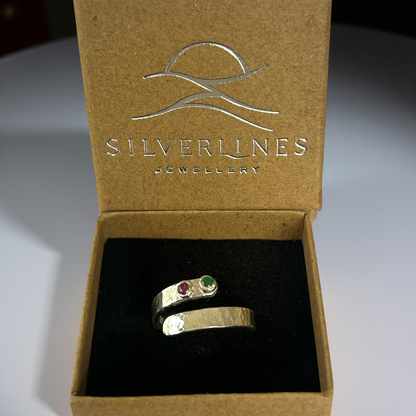 Sterling Silver Recycled Wrap Ring with Ruby & Emerald - Silver Lines Jewellery